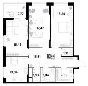 3-к квартира, строящийся дом, 93м2, 11/25 этаж