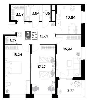 3-к квартира, строящийся дом, 88м2, 11/25 этаж