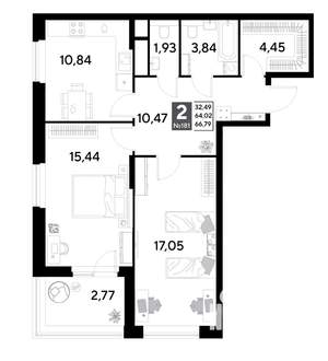 2-к квартира, строящийся дом, 67м2, 15/25 этаж