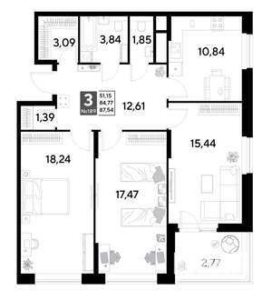 3-к квартира, строящийся дом, 88м2, 16/25 этаж