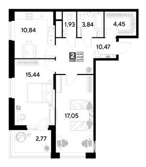 2-к квартира, строящийся дом, 67м2, 24/25 этаж