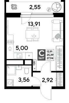 Студия квартира, строящийся дом, 28м2, 3/25 этаж