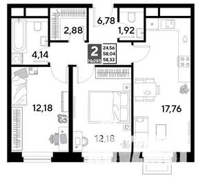 2-к квартира, строящийся дом, 58м2, 25/25 этаж