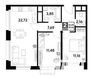 2-к квартира, строящийся дом, 59м2, 17/25 этаж