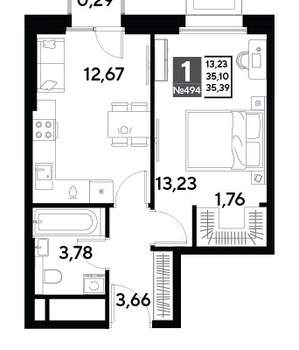 1-к квартира, вторичка, 35м2, 19/25 этаж