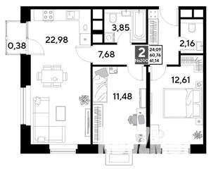 2-к квартира, строящийся дом, 61м2, 18/25 этаж