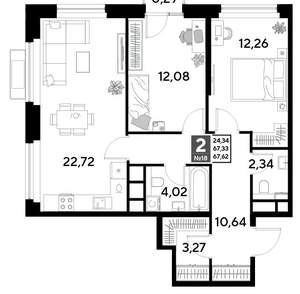 2-к квартира, вторичка, 68м2, 3/25 этаж