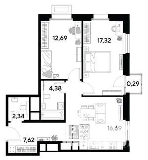 2-к квартира, строящийся дом, 61м2, 24/25 этаж