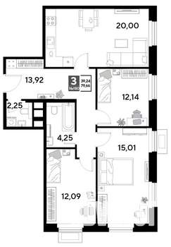 3-к квартира, строящийся дом, 80м2, 16/25 этаж