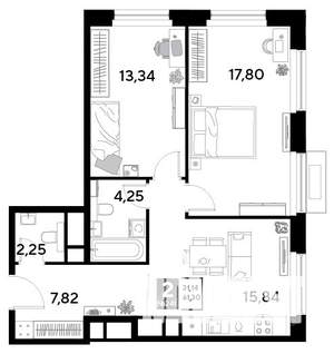 2-к квартира, строящийся дом, 61м2, 22/25 этаж