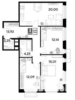 3-к квартира, строящийся дом, 80м2, 14/25 этаж