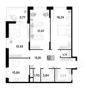3-к квартира, строящийся дом, 93м2, 20/25 этаж