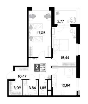 2-к квартира, строящийся дом, 65м2, 9/25 этаж
