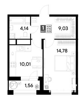 1-к квартира, строящийся дом, 40м2, 14/25 этаж
