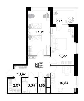 2-к квартира, строящийся дом, 65м2, 22/25 этаж