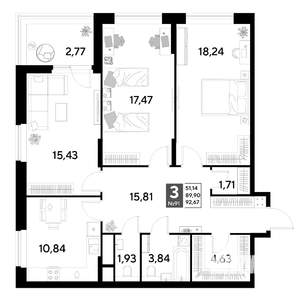 3-к квартира, строящийся дом, 93м2, 9/25 этаж