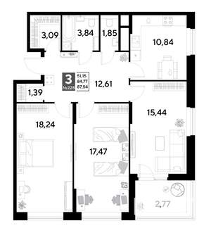 3-к квартира, строящийся дом, 88м2, 19/25 этаж