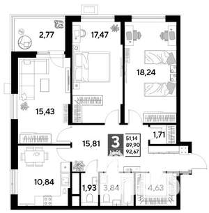 3-к квартира, строящийся дом, 93м2, 9/25 этаж