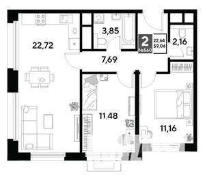 2-к квартира, строящийся дом, 59м2, 24/25 этаж