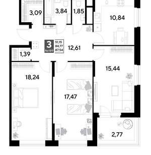 3-к квартира, строящийся дом, 88м2, 16/25 этаж