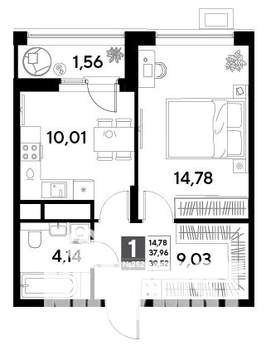 1-к квартира, строящийся дом, 40м2, 21/25 этаж