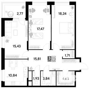 3-к квартира, строящийся дом, 93м2, 3/25 этаж