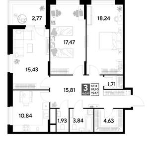 3-к квартира, строящийся дом, 93м2, 25/25 этаж