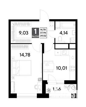 1-к квартира, строящийся дом, 40м2, 21/25 этаж