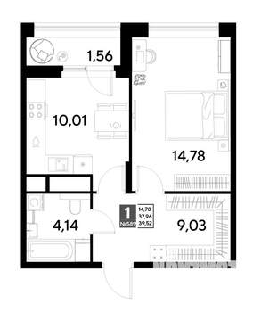 1-к квартира, строящийся дом, 40м2, 23/25 этаж
