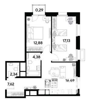 2-к квартира, строящийся дом, 61м2, 18/25 этаж