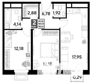2-к квартира, строящийся дом, 58м2, 8/25 этаж