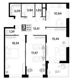 3-к квартира, строящийся дом, 88м2, 21/25 этаж