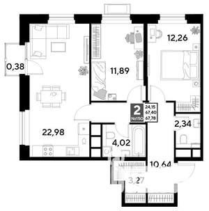 2-к квартира, строящийся дом, 68м2, 14/25 этаж
