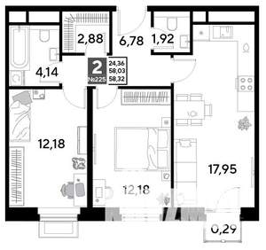 2-к квартира, строящийся дом, 58м2, 20/25 этаж