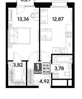 1-к квартира, строящийся дом, 39м2, 21/25 этаж