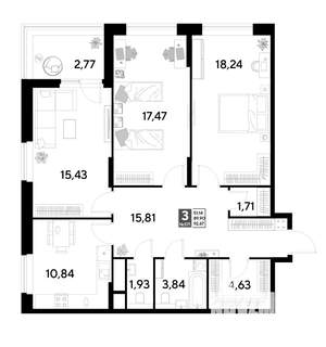 3-к квартира, строящийся дом, 93м2, 22/25 этаж