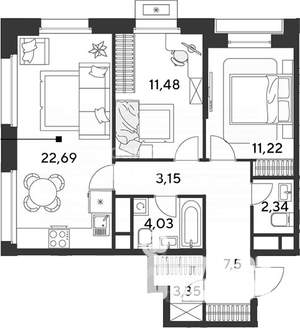 3-к квартира, вторичка, 65м2, 20/25 этаж