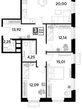 3-к квартира, вторичка, 80м2, 16/25 этаж
