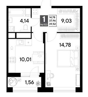 1-к квартира, строящийся дом, 40м2, 13/25 этаж