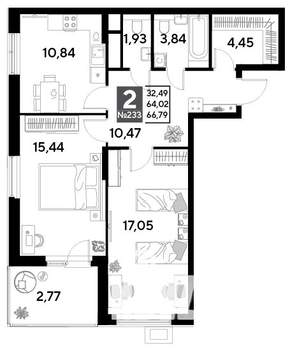 2-к квартира, строящийся дом, 67м2, 19/25 этаж
