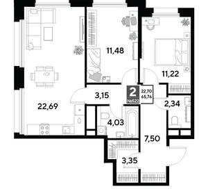 2-к квартира, вторичка, 66м2, 21/25 этаж