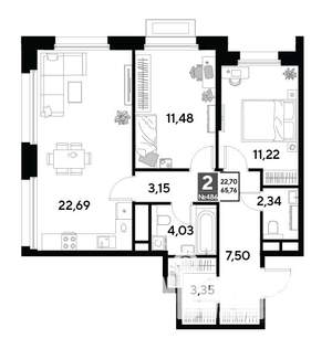 2-к квартира, строящийся дом, 66м2, 18/25 этаж