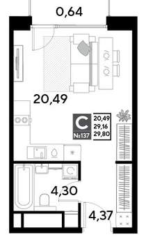 Студия квартира, вторичка, 30м2, 13/25 этаж