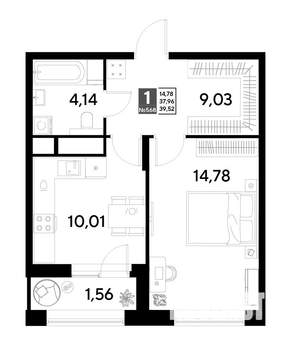 1-к квартира, строящийся дом, 40м2, 21/25 этаж