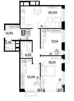 3-к квартира, строящийся дом, 80м2, 25/25 этаж