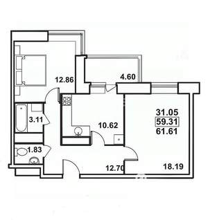 2-к квартира, сданный дом, 62м2, 8/25 этаж