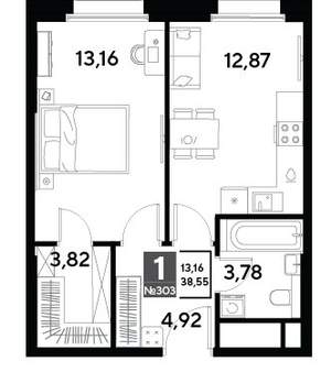 1-к квартира, строящийся дом, 39м2, 3/25 этаж
