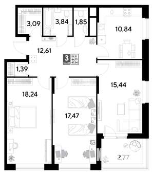3-к квартира, строящийся дом, 88м2, 13/25 этаж